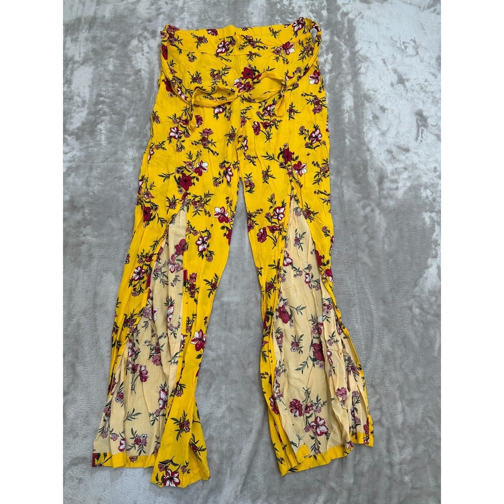 Dizzy Gal Pants Women's Size Small Yellow Floral‎ 100% Rayon Slit Leg EUC